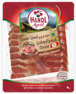 Packshot Tiroler Speck g.g.A. Schopfspeck 100g Handl Tyrol