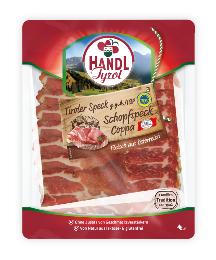Packshot Tiroler Speck g.g.A. Schopfspeck 100g Handl Tyrol
